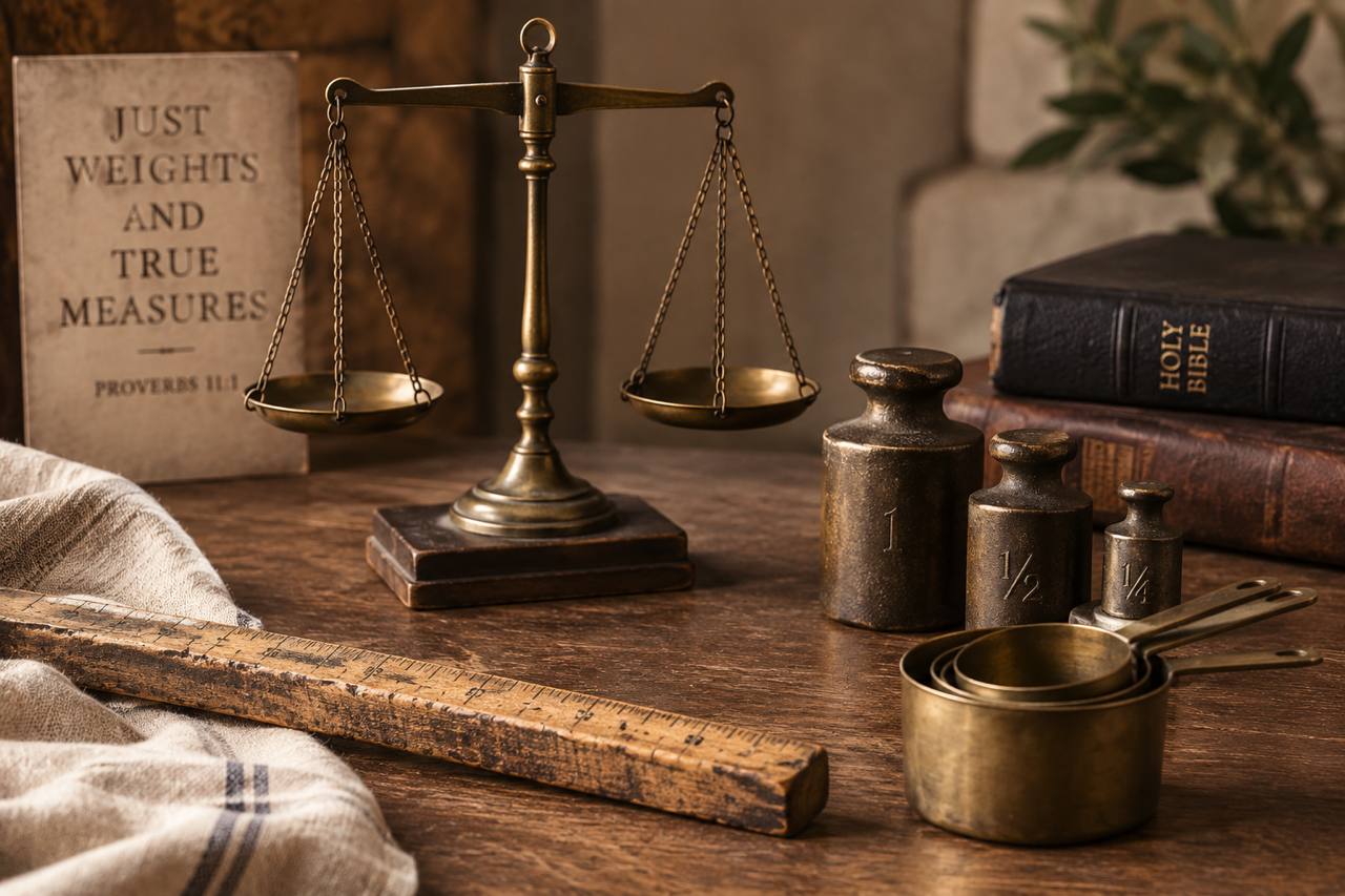 Brass scales of justice beside a Holy Bible and a sign reading 'Just Weights and True Measures — Proverbs 11:1'