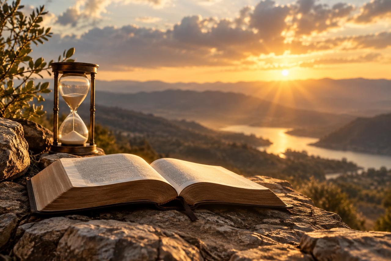 Open Bible and hourglass on a rocky ledge overlooking a mountain valley at golden sunset — The Wisdom of God