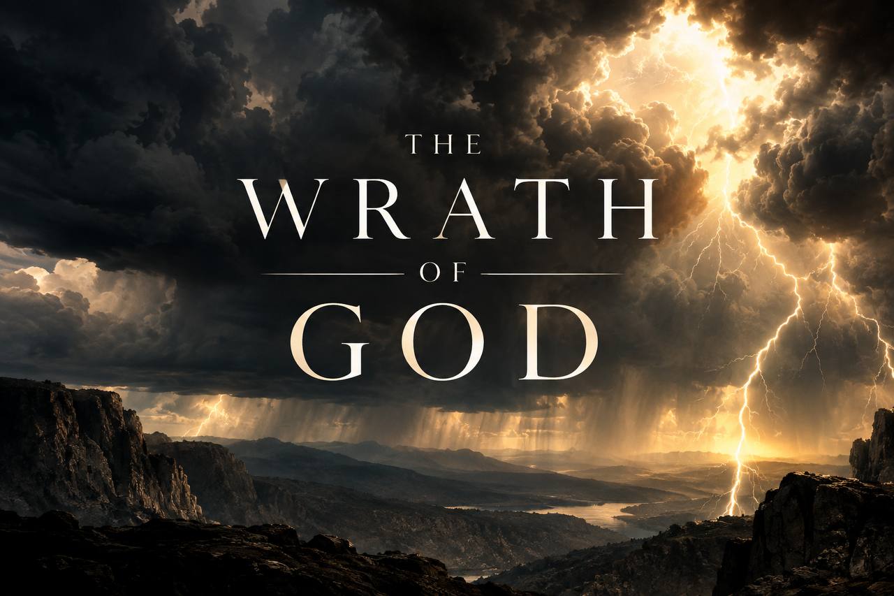 Dramatic stormy sky with lightning and golden light breaking through — The Wrath of God
